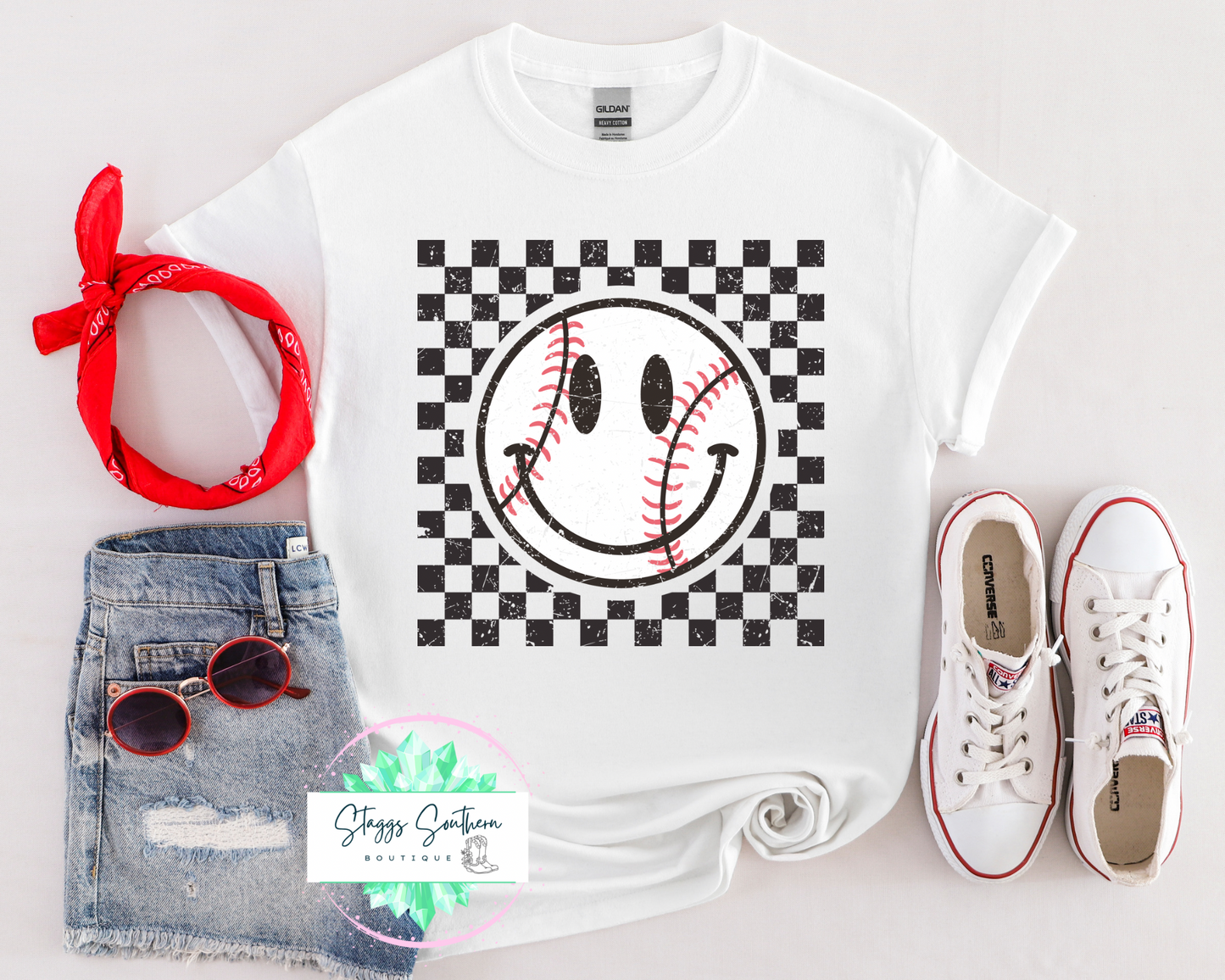 Checkered smiley Baseball Tee