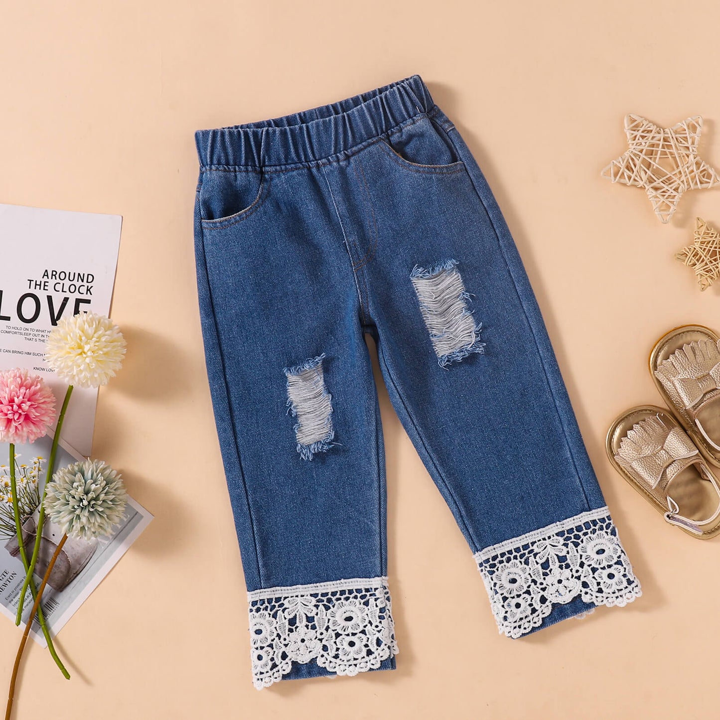 Floral Top and Lace Trim Distressed Jeans Set