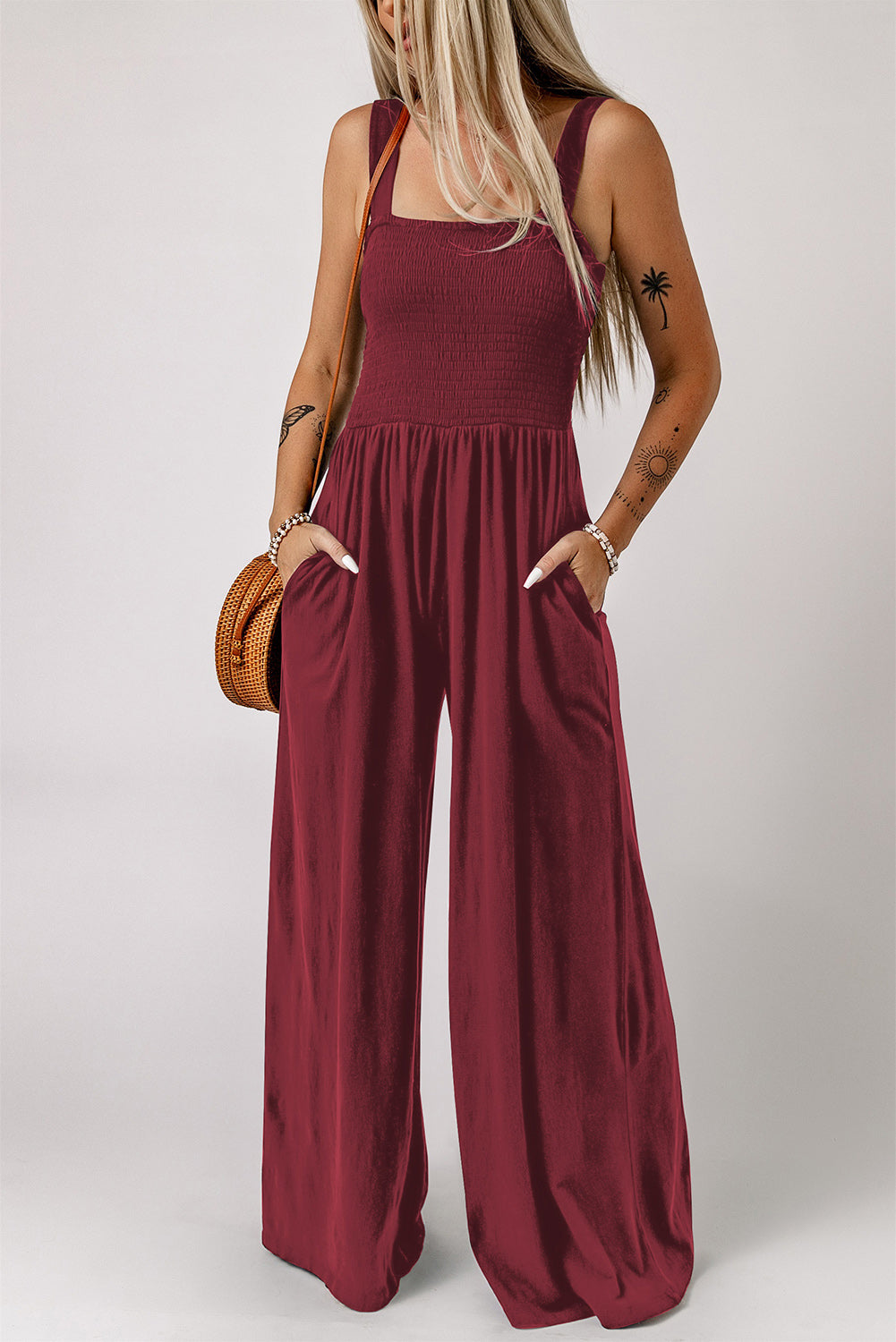Smocked Jumpsuit with Pockets
