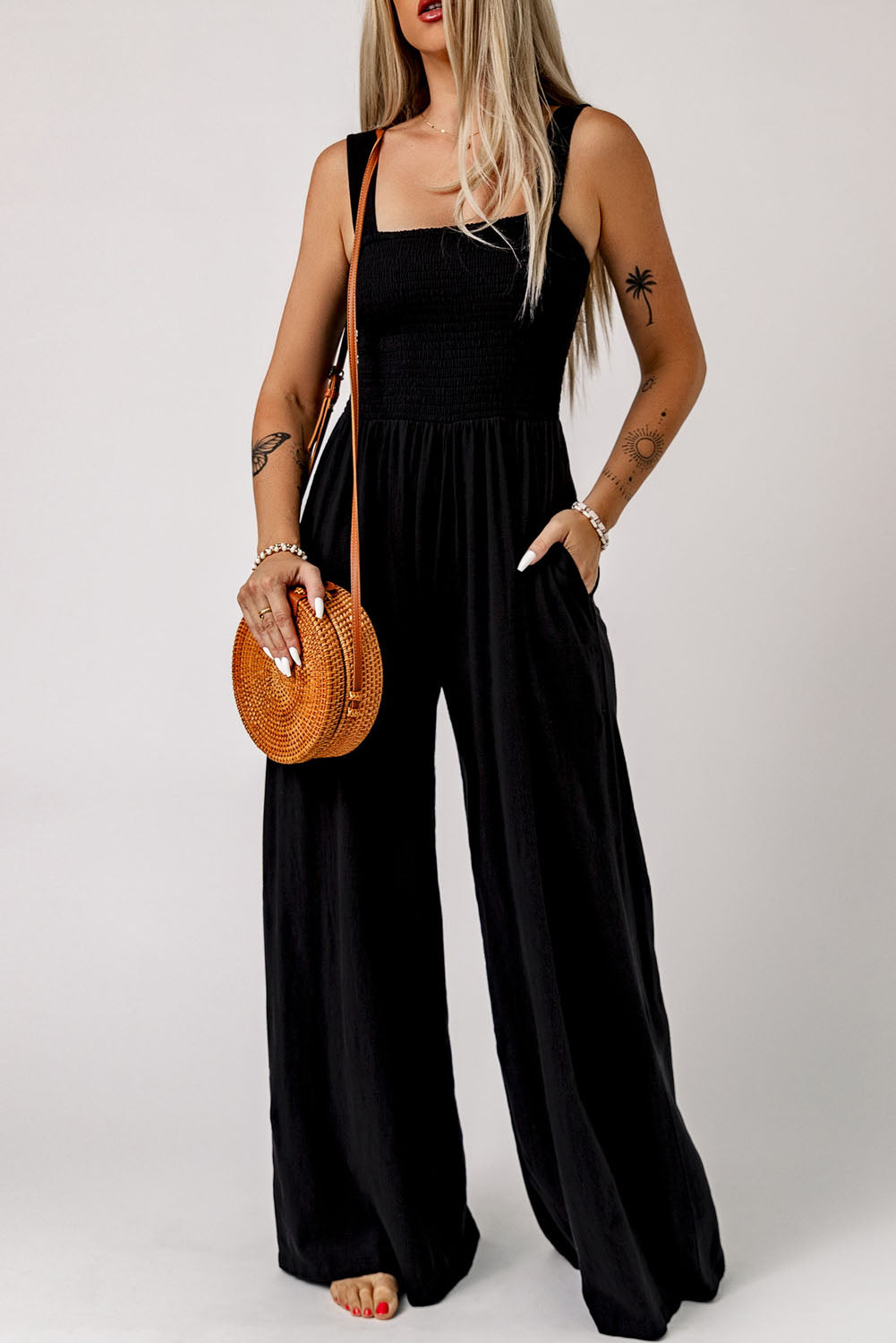 Smocked Jumpsuit with Pockets