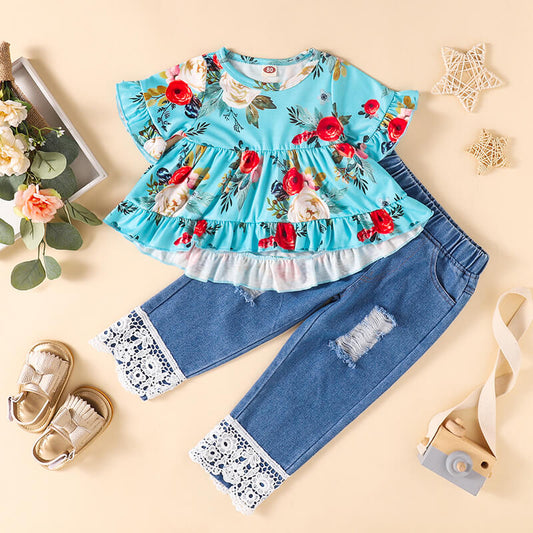 Floral Top and Lace Trim Distressed Jeans Set