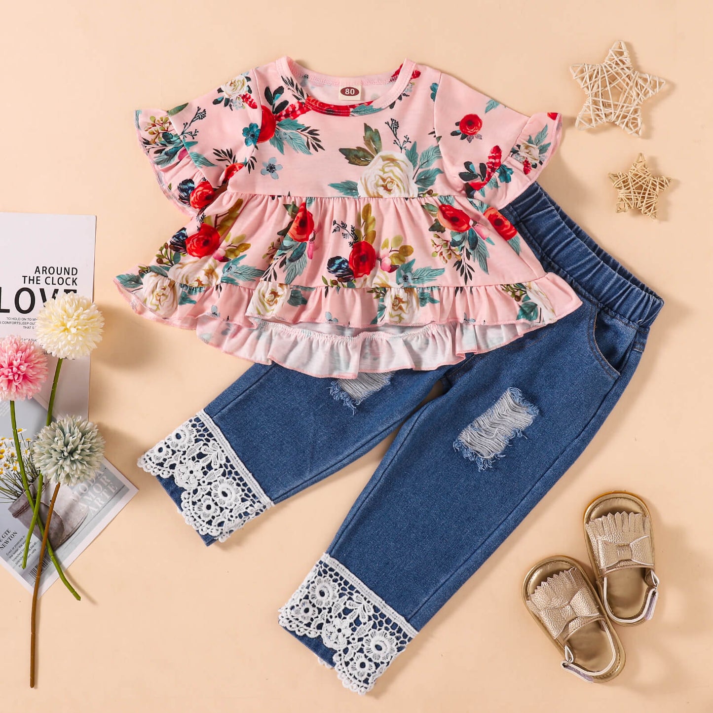 Floral Top and Lace Trim Distressed Jeans Set