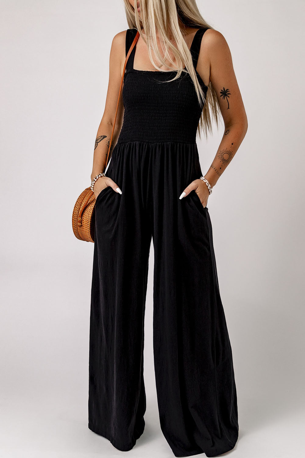 Smocked Jumpsuit with Pockets