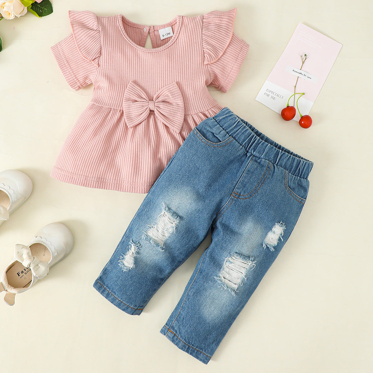 Short Sleeve Top and Distressed Jeans Set
