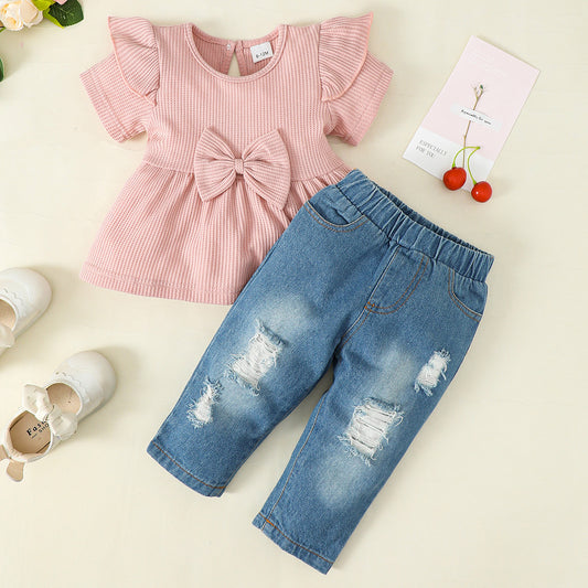 Short Sleeve Top and Distressed Jeans Set