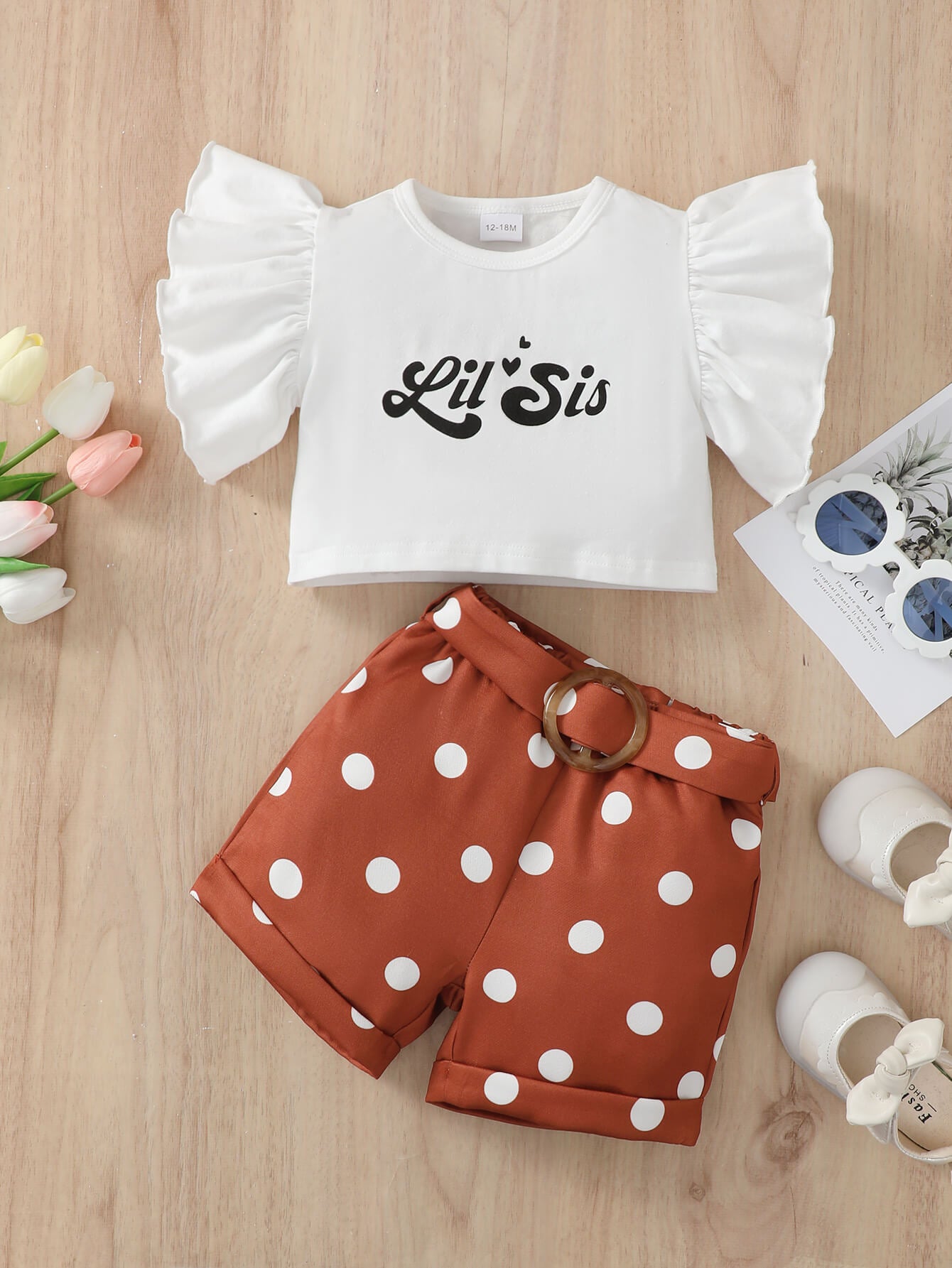 Graphic Ruffle Sleeve Top and Polka Dot Shorts Set