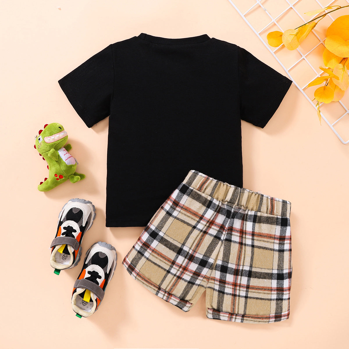 Dinosaur Tee and Plaid Shorts Set