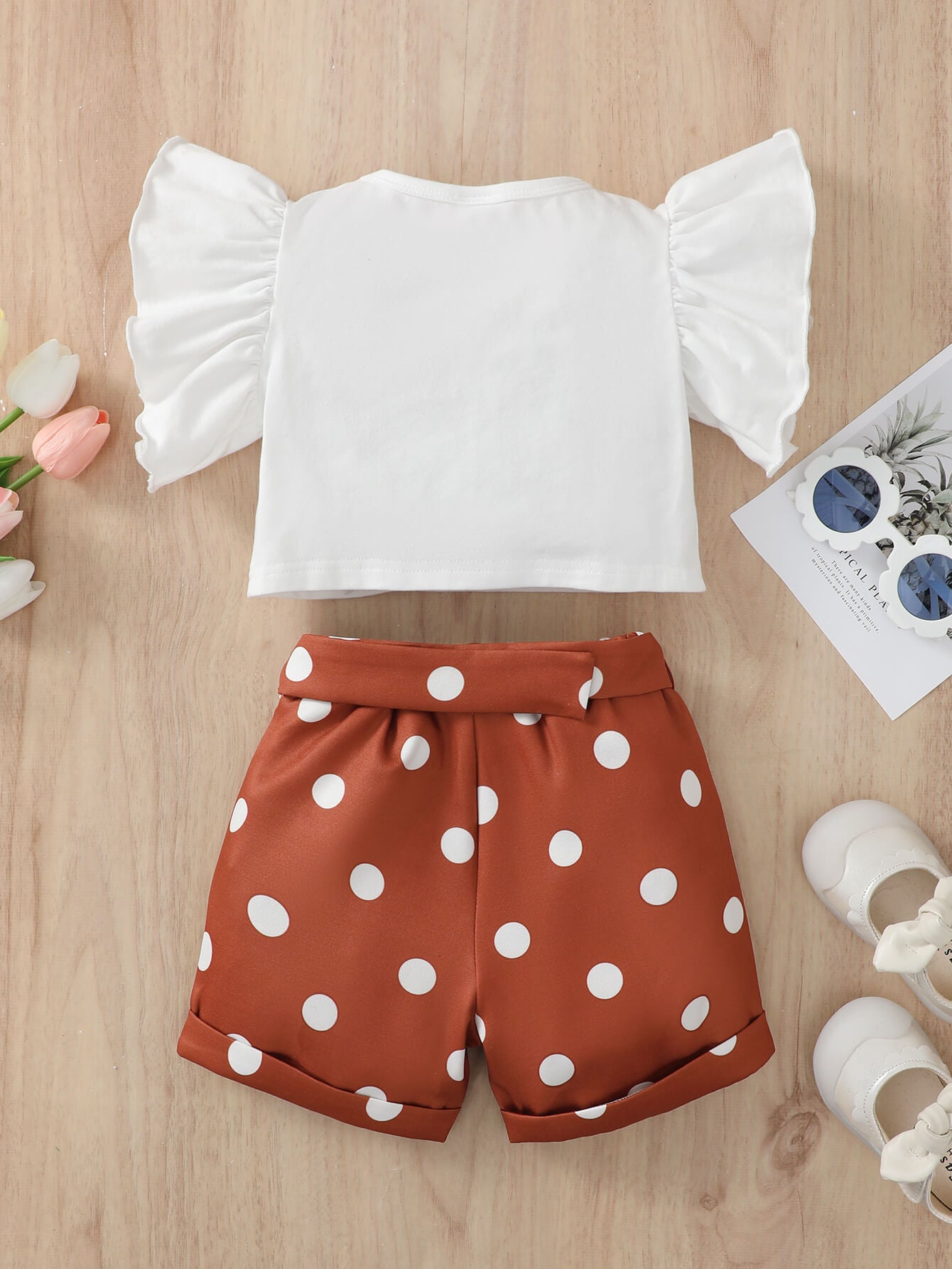 Graphic Ruffle Sleeve Top and Polka Dot Shorts Set
