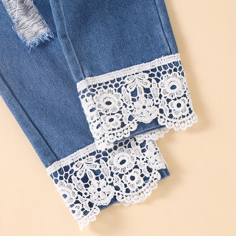 Floral Top and Lace Trim Distressed Jeans Set