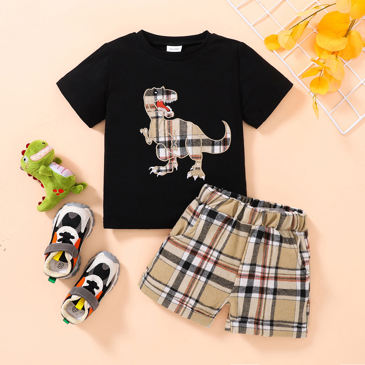 Dinosaur Tee and Plaid Shorts Set