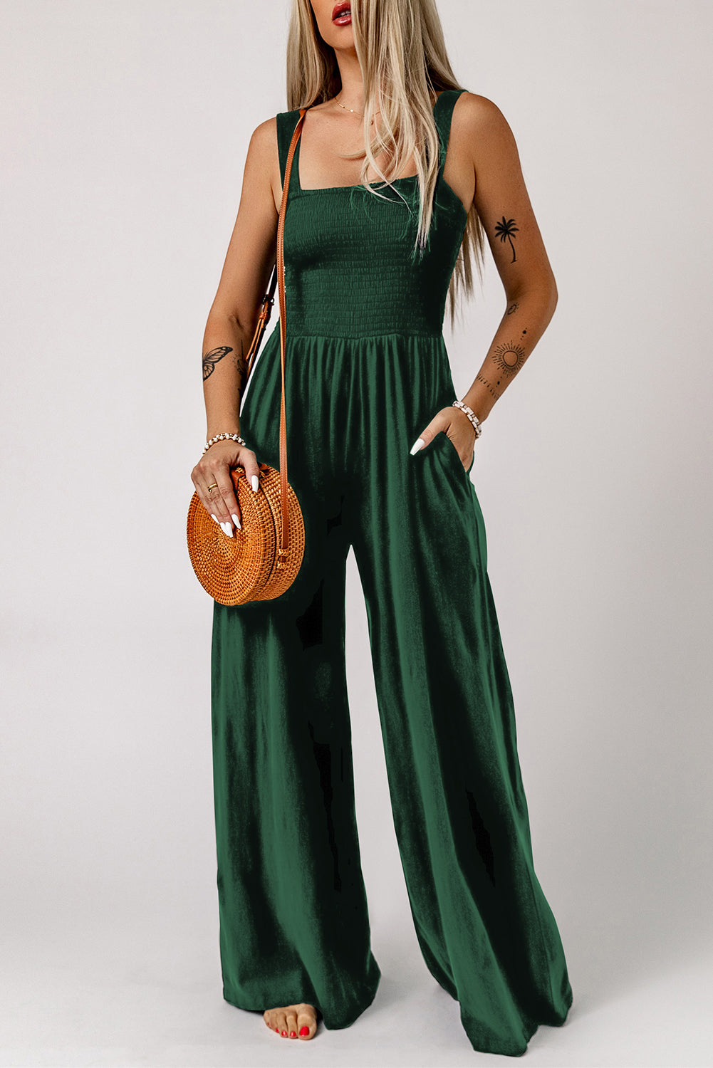 Smocked Jumpsuit with Pockets