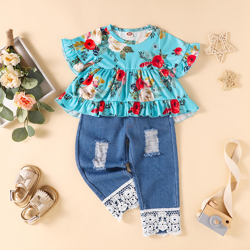 Floral Top and Lace Trim Distressed Jeans Set