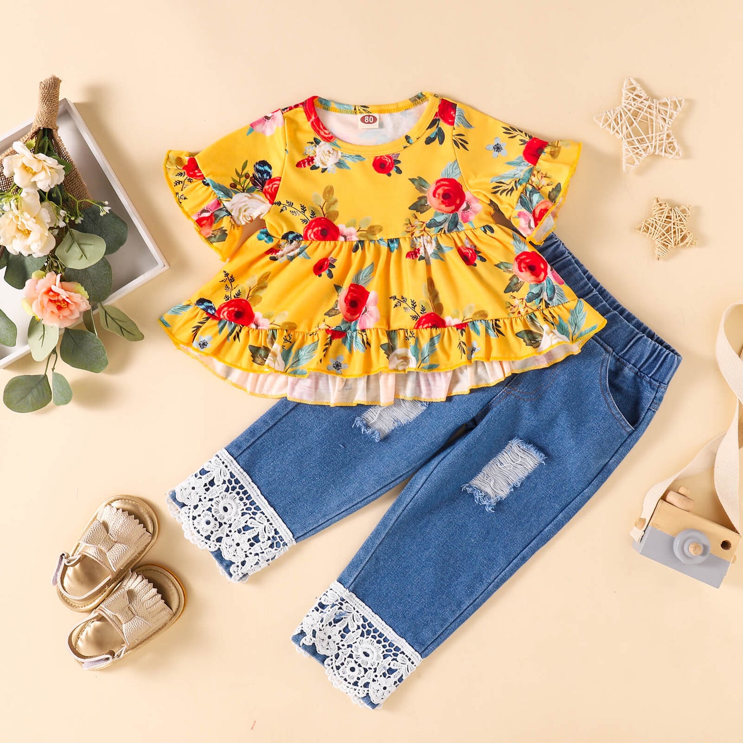 Floral Top and Lace Trim Distressed Jeans Set