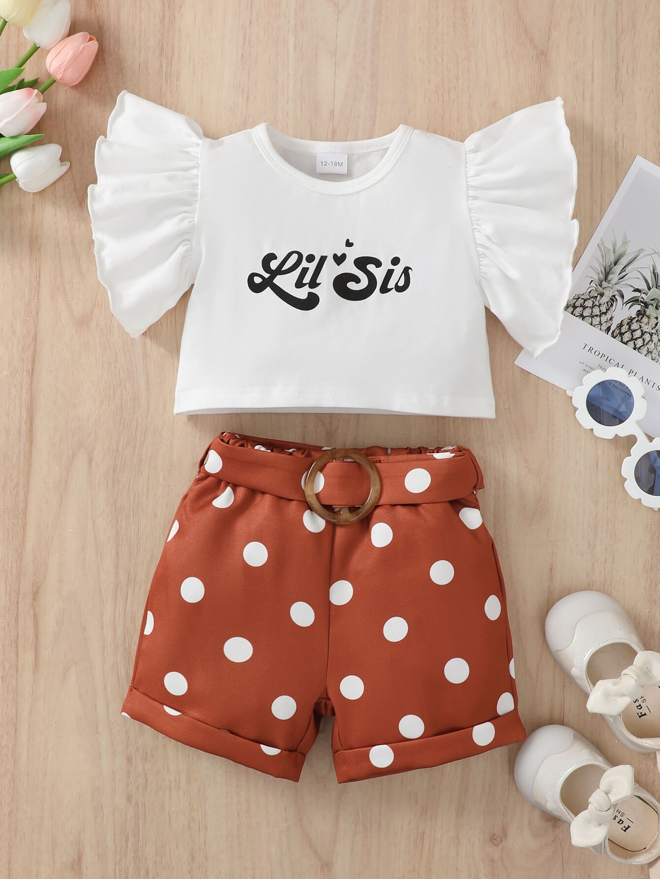 Graphic Ruffle Sleeve Top and Polka Dot Shorts Set