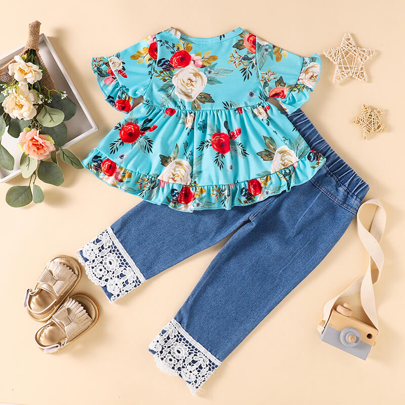 Floral Top and Lace Trim Distressed Jeans Set