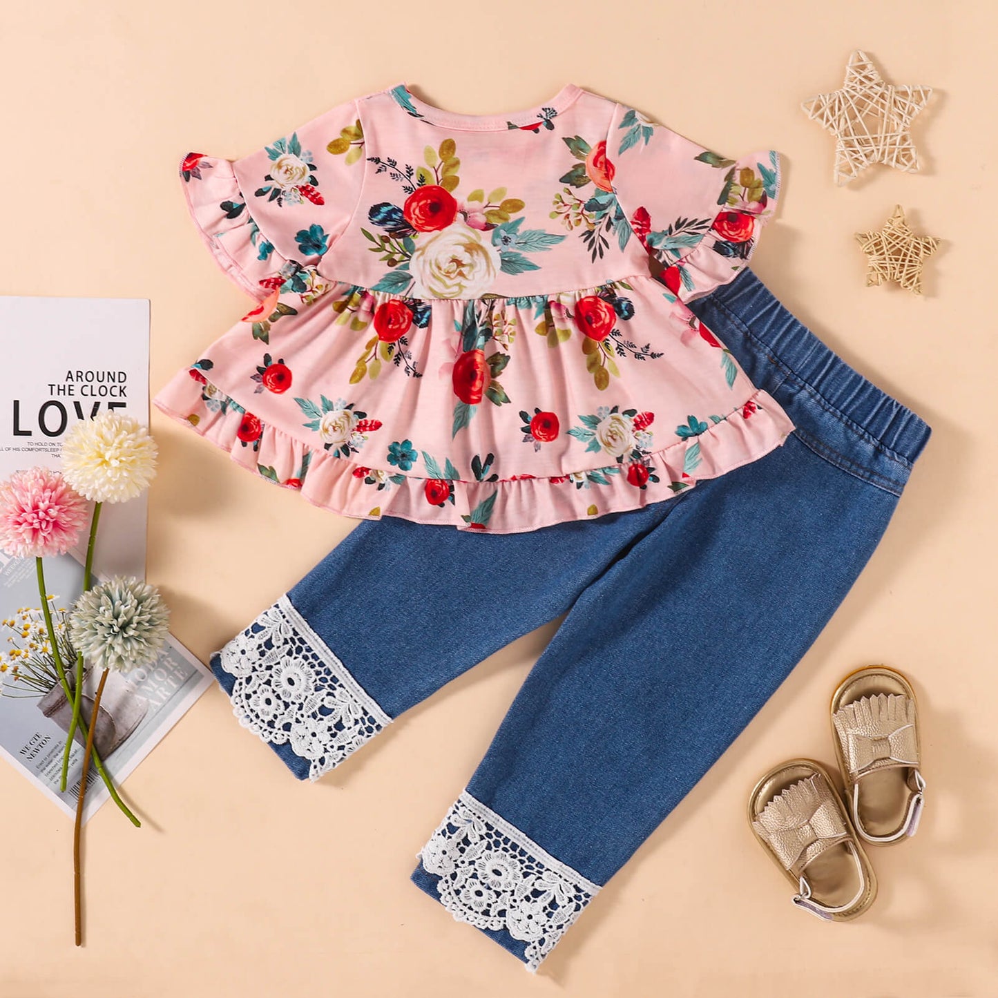 Floral Top and Lace Trim Distressed Jeans Set